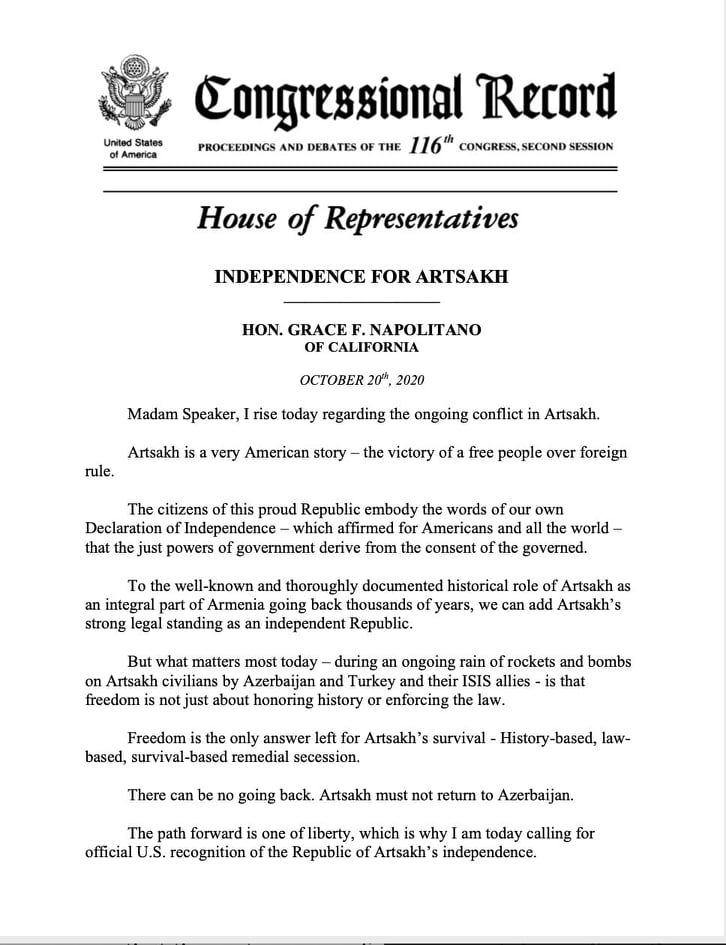Грейс Наполитано внесла в Конгресс резолюцию о признании независимости Арцаха
